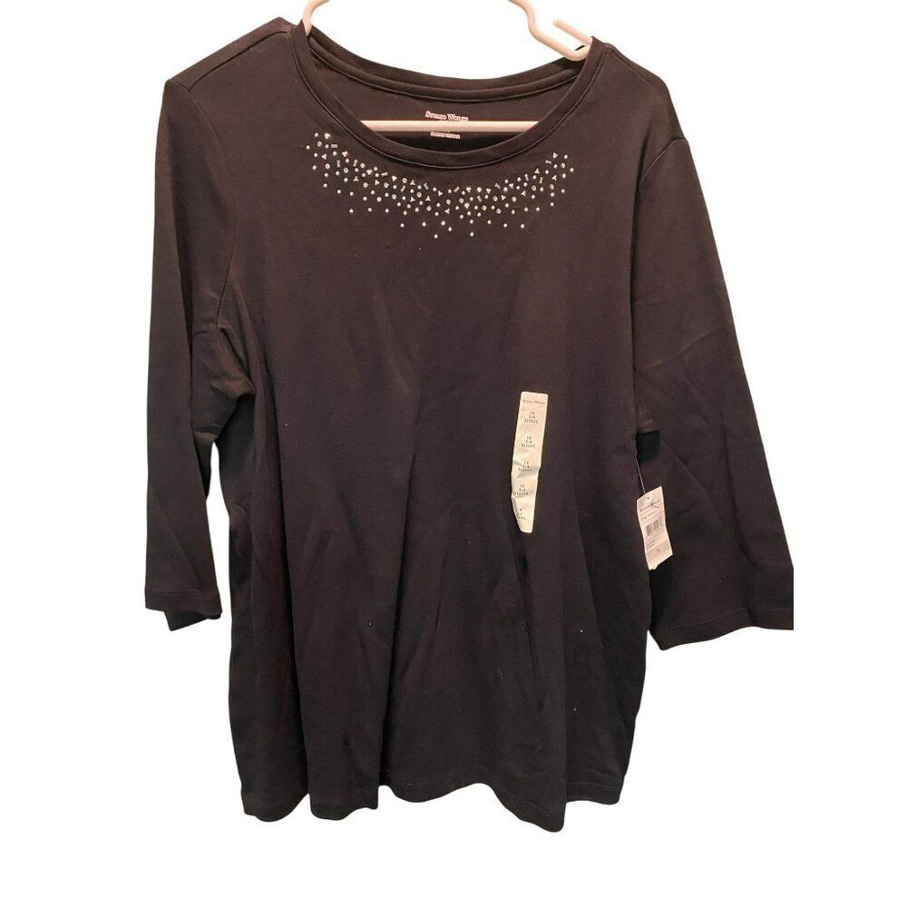 Studio Works Womens Plus Size 1X Black 3/4 Sleeve Top With Embellished Neckline